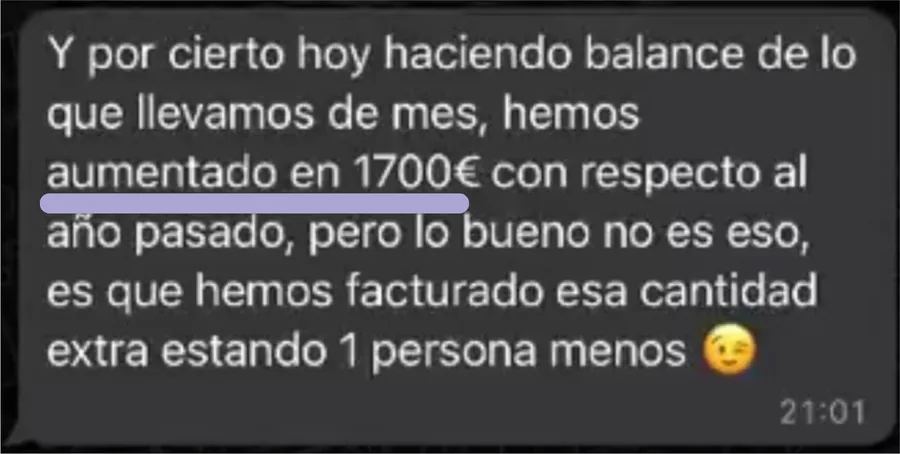 Mensaje: hemos aumentado 1700€ respecto al año pasado estando una persona menos