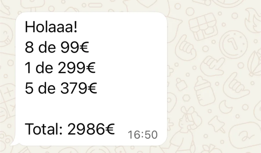 Mensaje con ventas del día: total 2986€